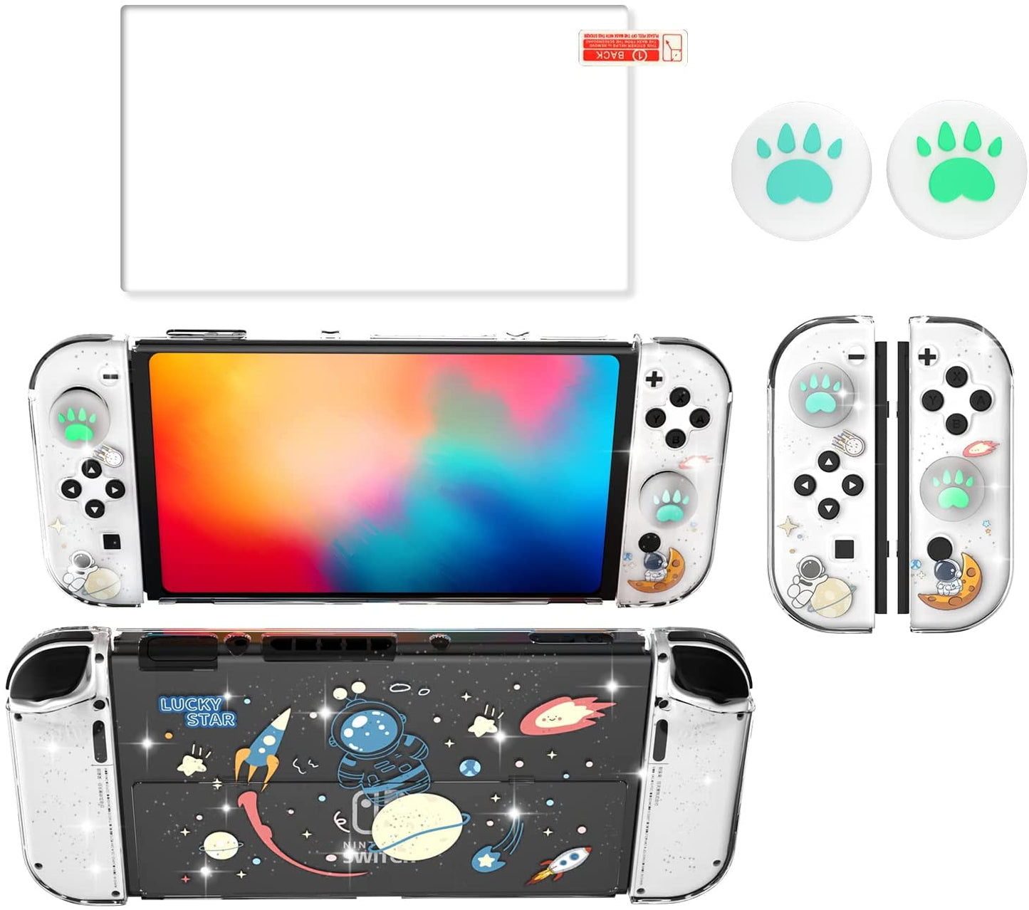 Switch OLED Protective Case,Hard PC Cover Compatible with Switch OLED Console and TPU Shell for Joy Con Controller with Tempered Glass Screen Protector and Thumb Grip Caps-Astronaut