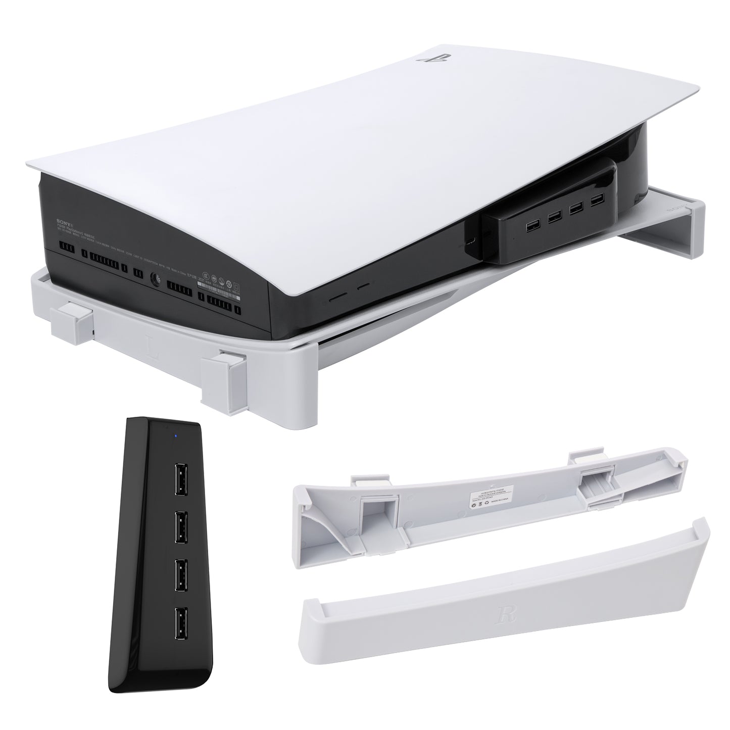 PS5 USB HUB Horizontal White, Horizontal Stand for PS5 with 4 USB Extension, Compatible with PS5 Disc and Digital Edition