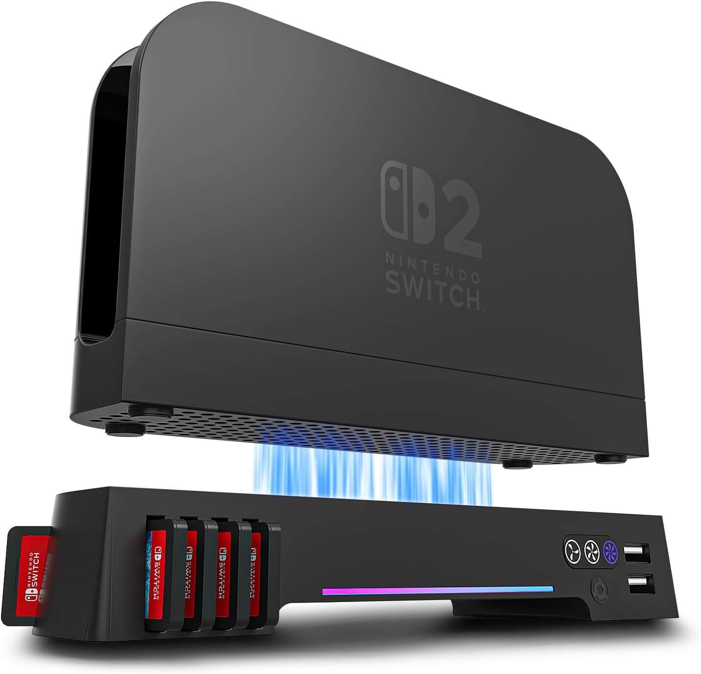 ECHZOVE Switch 2 Cooling Fan Dock with Dual Fans and USB Charging Ports – Quiet Overheat Protection for Nintendo Switch 2 Console with RGB Light