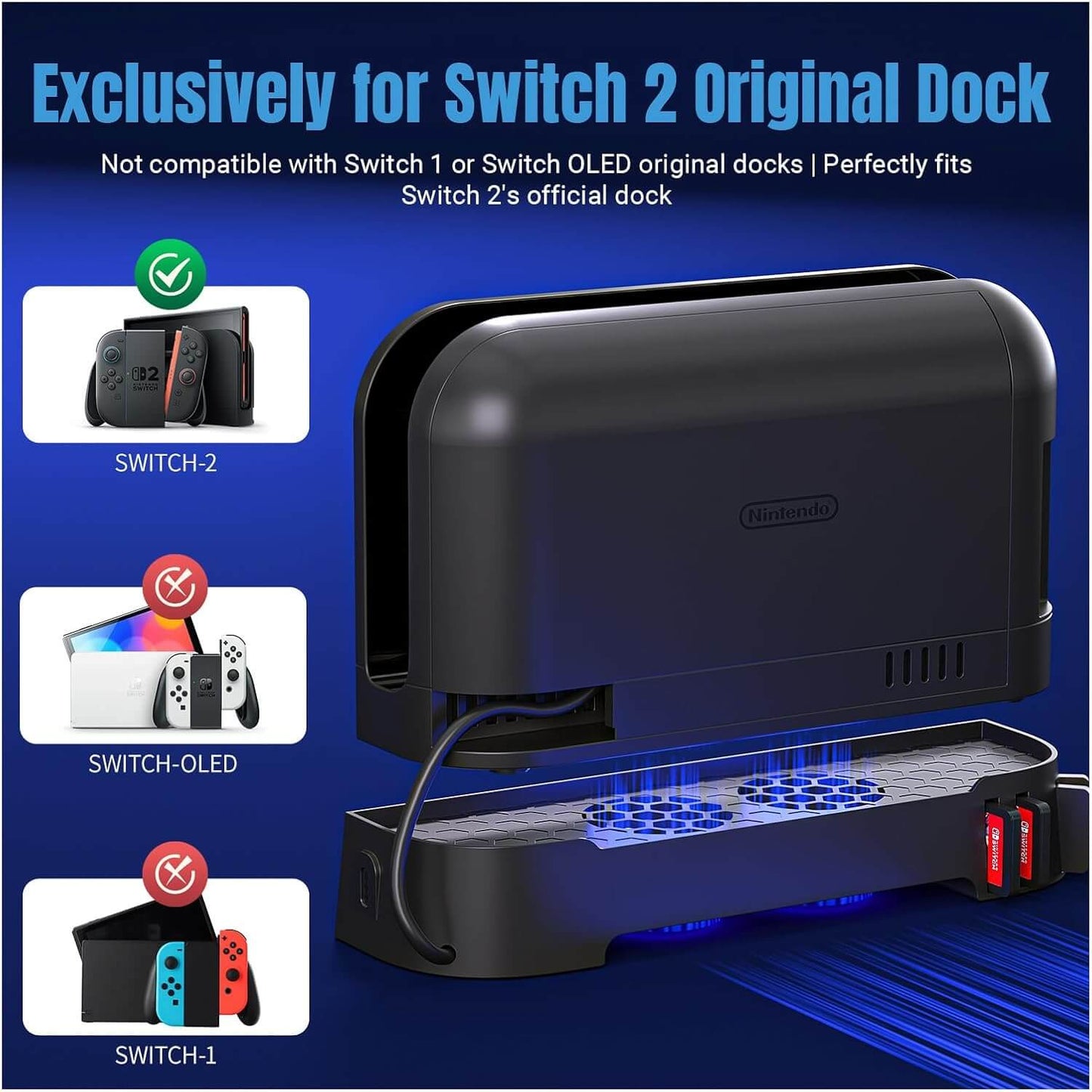 ECHZOVE Switch 2 Cooling Fan Dock with Dual Fans and USB Charging Ports – Quiet Overheat Protection for Nintendo Switch 2 Console with RGB Light