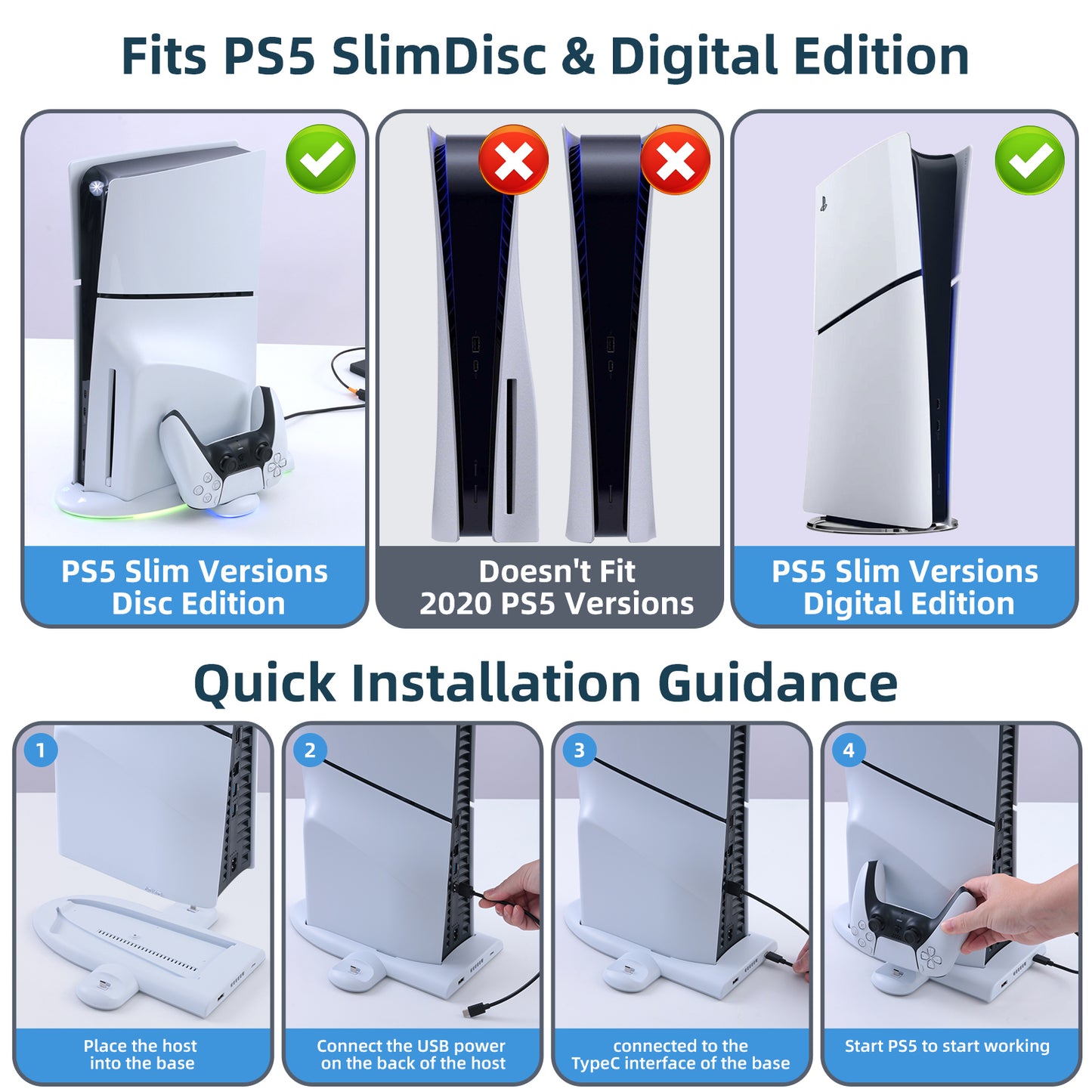 ECHZOVE RGB Cooling Station for New PS5 Slim Console with Controller Charging Dock for Playstation 5 Slim Console, Cooling Stand for PS5 Accessories with Controller Charger, New PS5 Slim Cooling Fan