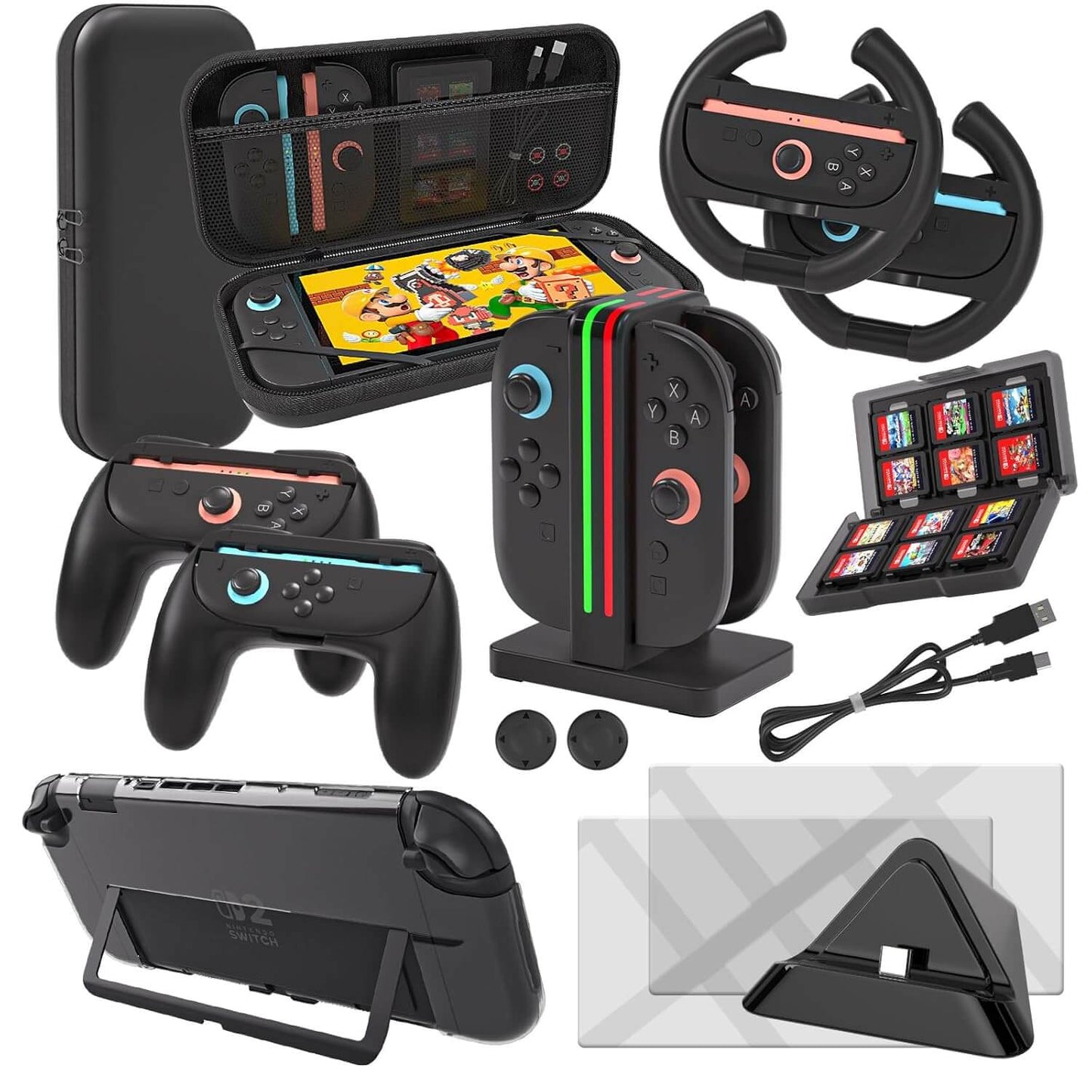 Switch 2 Accessories Bundle - 9-in-1 Carrying Case Kit with Charger Dock, Joy-Con Wheels, Grips, Screen Protector, Protective Cover - Gift Set for Nintendo Switch 2 Console Owners & Mario Kart Fans