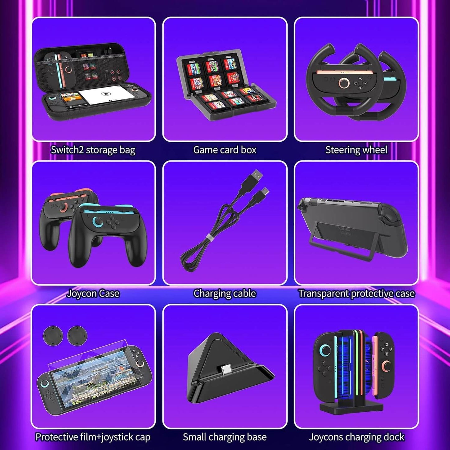 Switch 2 Accessories Bundle - 9-in-1 Carrying Case Kit with Charger Dock, Joy-Con Wheels, Grips, Screen Protector, Protective Cover - Gift Set for Nintendo Switch 2 Console Owners & Mario Kart Fans