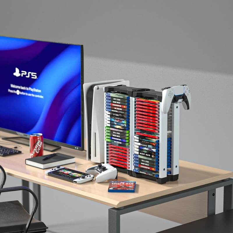 ECHZOVE Video Game Storage Tower – Durable, Modular Organizer for 46 PS5/PS4/Xbox Discs with Headset Hooks