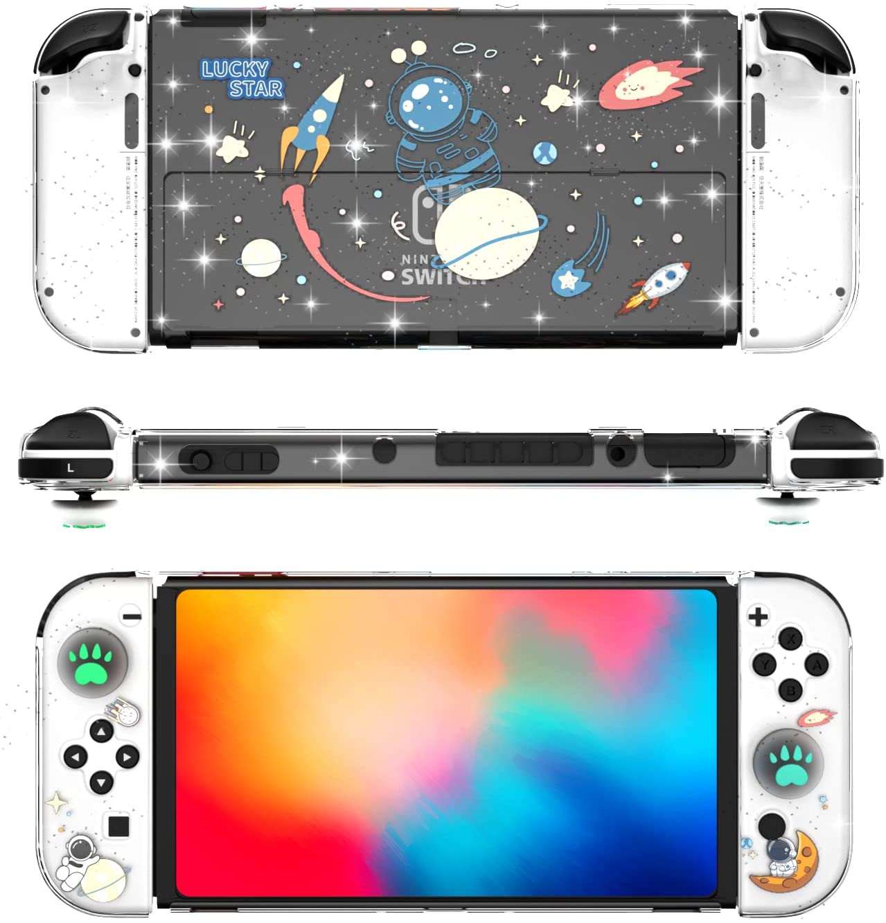 Switch OLED Protective Case,Hard PC Cover Compatible with Switch OLED Console and TPU Shell for Joy Con Controller with Tempered Glass Screen Protector and Thumb Grip Caps-Astronaut