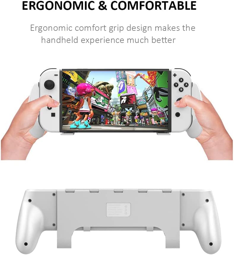 Switch OLED Grip, Comfortable and Ergonomic Gaming Portable Protective Handheld Grip, Joy Con and Switch OLED Control, Accessories for Switch 2021 with Game Slots and Kickstand - White