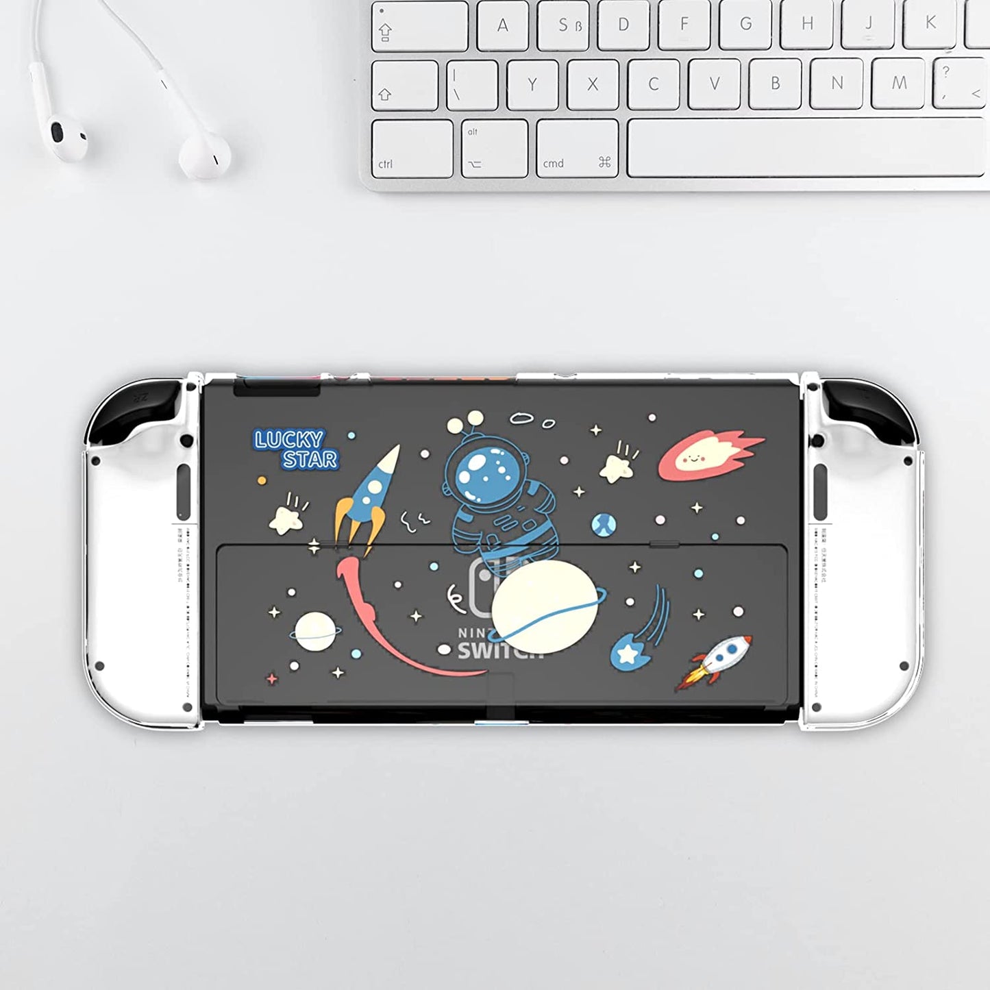 Switch OLED Protective Case,Hard PC Cover Compatible with Switch OLED Console and TPU Shell for Joy Con Controller with Tempered Glass Screen Protector and Thumb Grip Caps-Astronaut