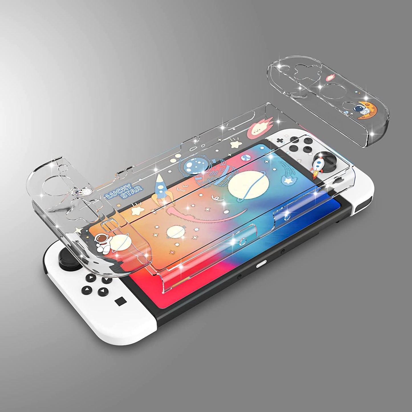 Switch OLED Protective Case,Hard PC Cover Compatible with Switch OLED Console and TPU Shell for Joy Con Controller with Tempered Glass Screen Protector and Thumb Grip Caps-Astronaut