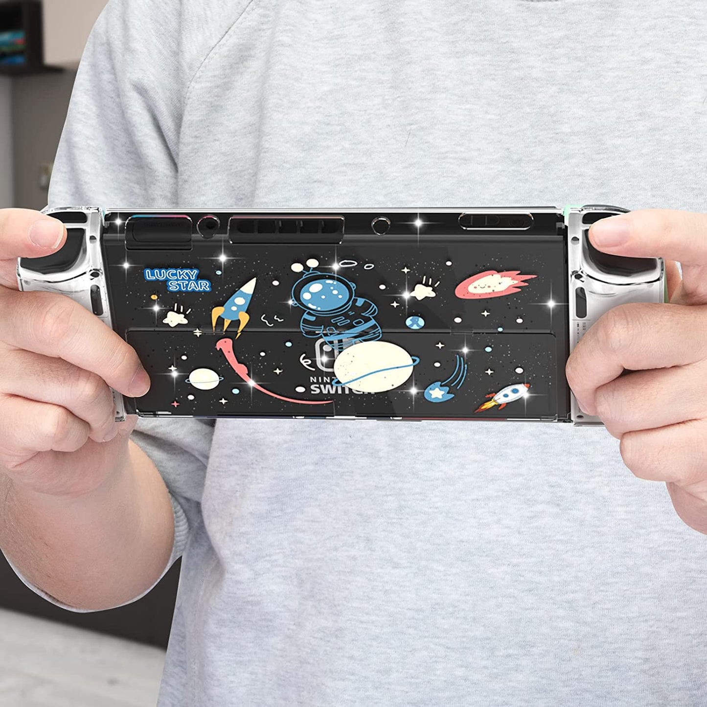 Switch OLED Protective Case,Hard PC Cover Compatible with Switch OLED Console and TPU Shell for Joy Con Controller with Tempered Glass Screen Protector and Thumb Grip Caps-Astronaut