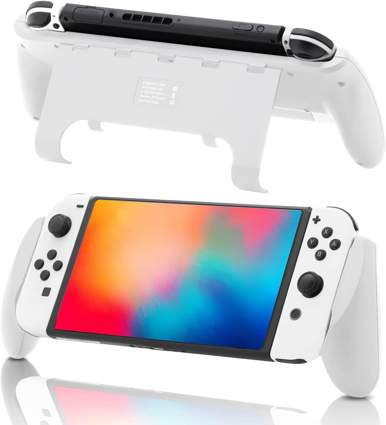 Switch OLED Grip, Comfortable and Ergonomic Gaming Portable Protective Handheld Grip, Joy Con and Switch OLED Control, Accessories for Switch 2021 with Game Slots and Kickstand - White