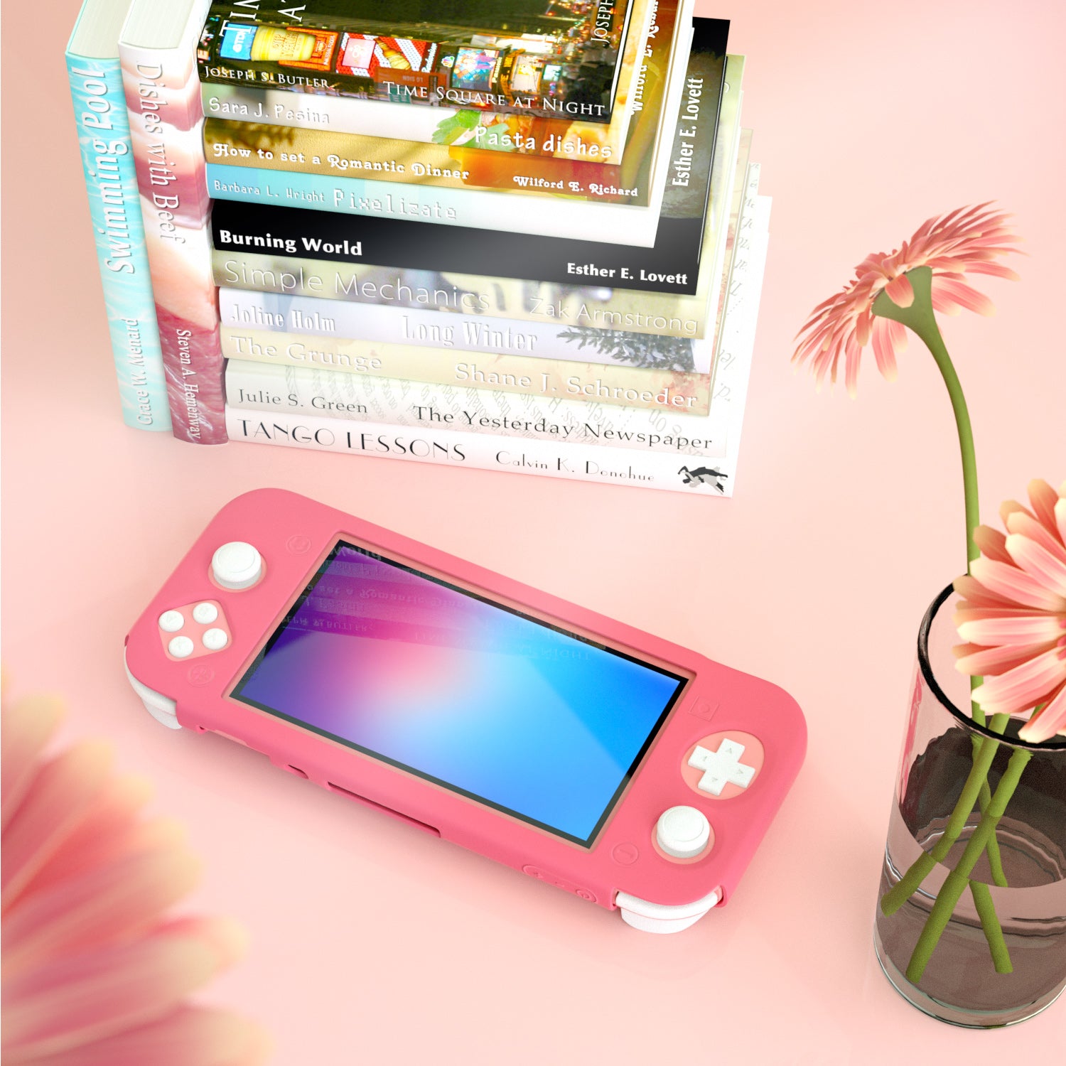 Nintendo Switch lite Pink Accessories, Sakura Pink Carry Case with Clear Case for Switch lite, Pink Game Case, Coral USB C Cable, Cute Thumb Grips, Screen Protector, Wrist Strap and Shoulder Strap (11 in 1) - ECHZOVE