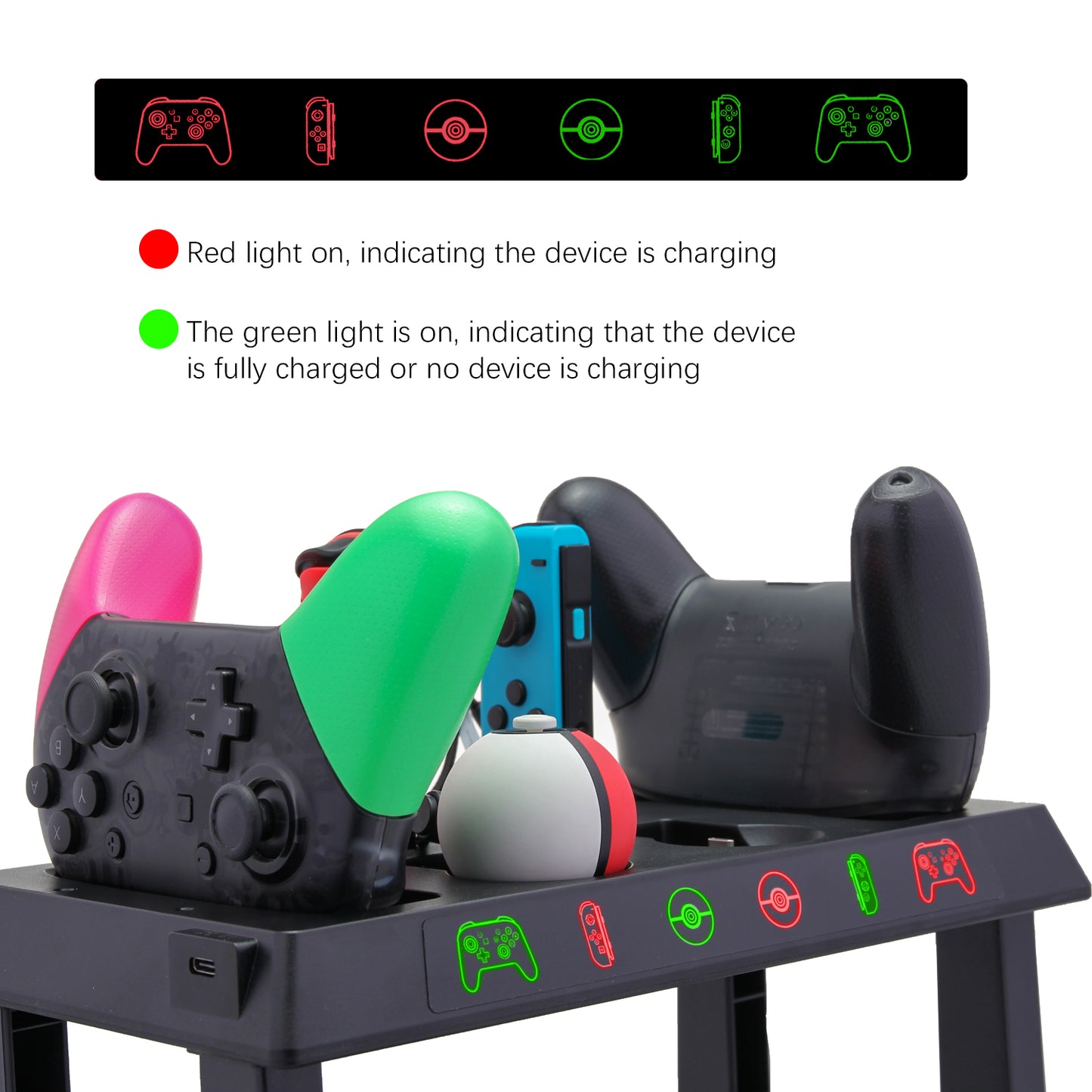 Charging Dock for Nintendo Switch Joy Cons, Pro Controllers and Poke Ball Plus Controllers, Organizer for Nintendo Switch Accessories with LED Indicators - ECHZOVE