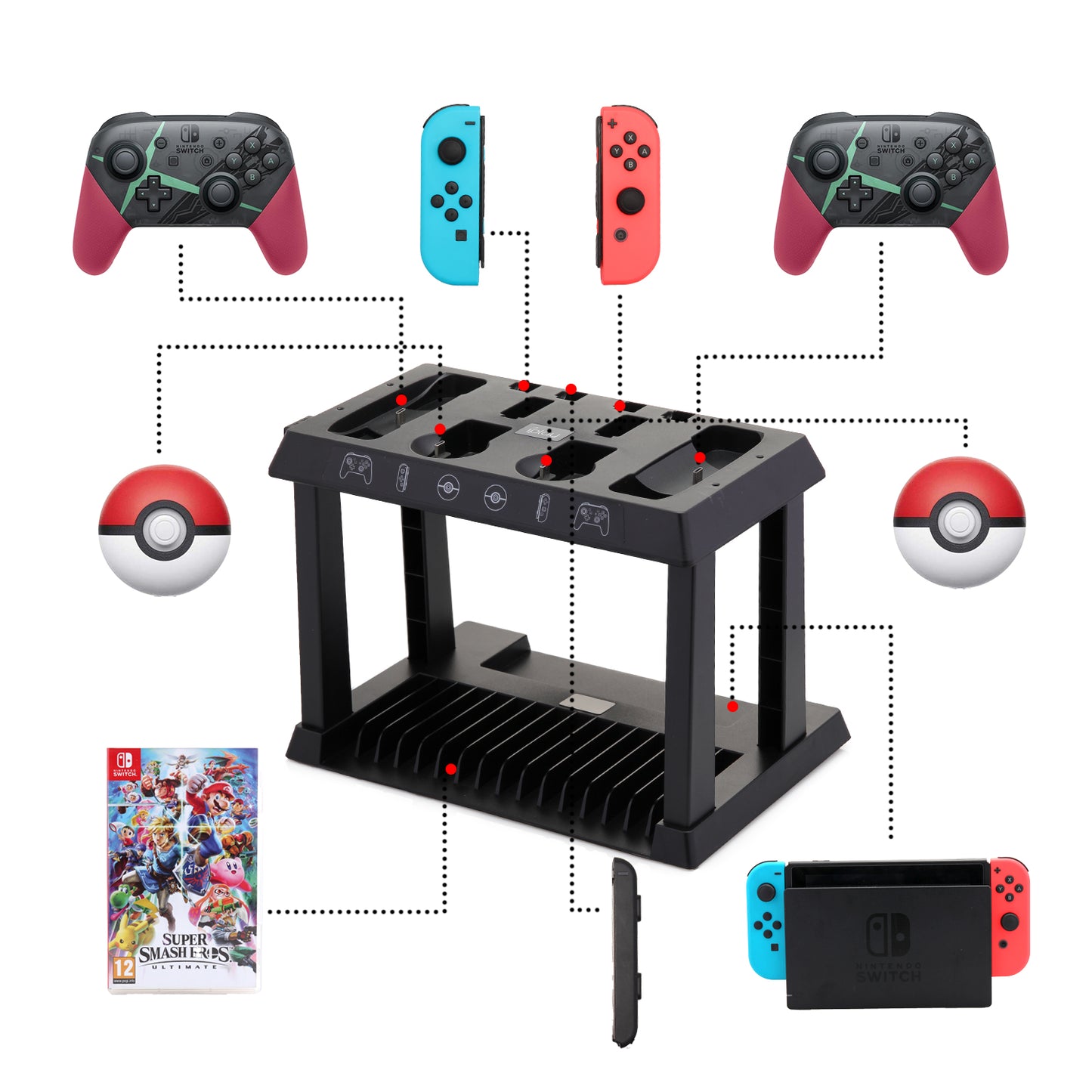 Charging Dock for Nintendo Switch Joy Cons, Pro Controllers and Poke Ball Plus Controllers, Organizer for Nintendo Switch Accessories with LED Indicators - ECHZOVE
