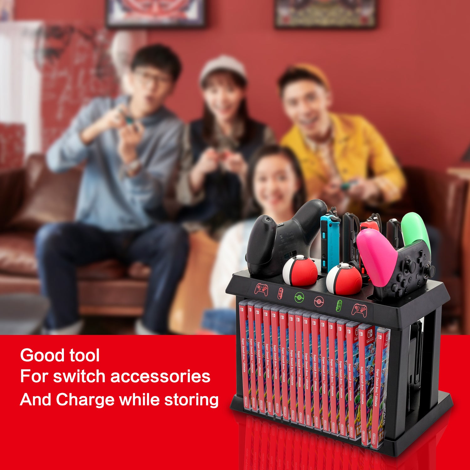 Charging Dock for Nintendo Switch Joy Cons, Pro Controllers and Poke Ball Plus Controllers, Organizer for Nintendo Switch Accessories with LED Indicators - ECHZOVE