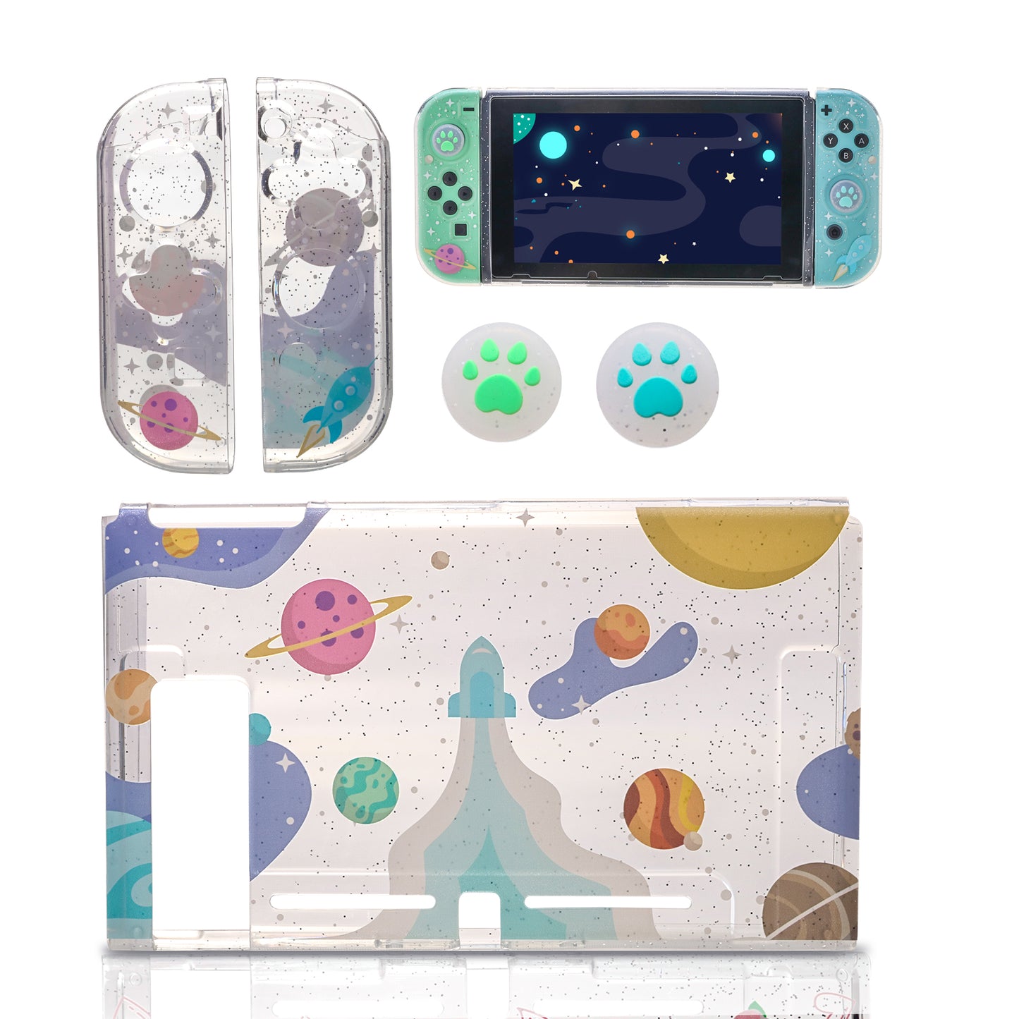 Switch Glitter Case, Switch Cute Case with Tempered Glass Screen Protector and Thumb Grip Caps - Rocket - ECHZOVE