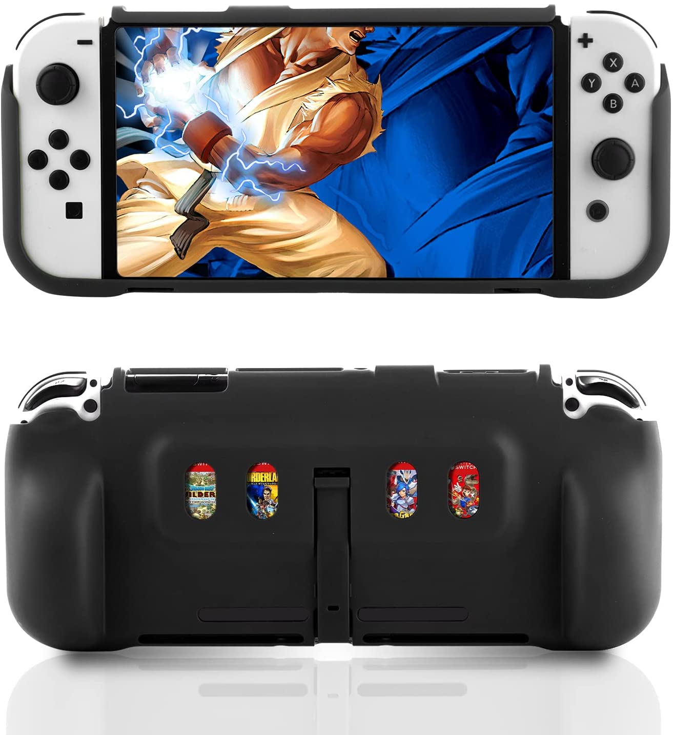Switch OLED Protective Case,TPU Grip Cover Case for Switch OLED Console and Joy Con Controller with Game Card Storage and Kickstand - Blue - ECHZOVE