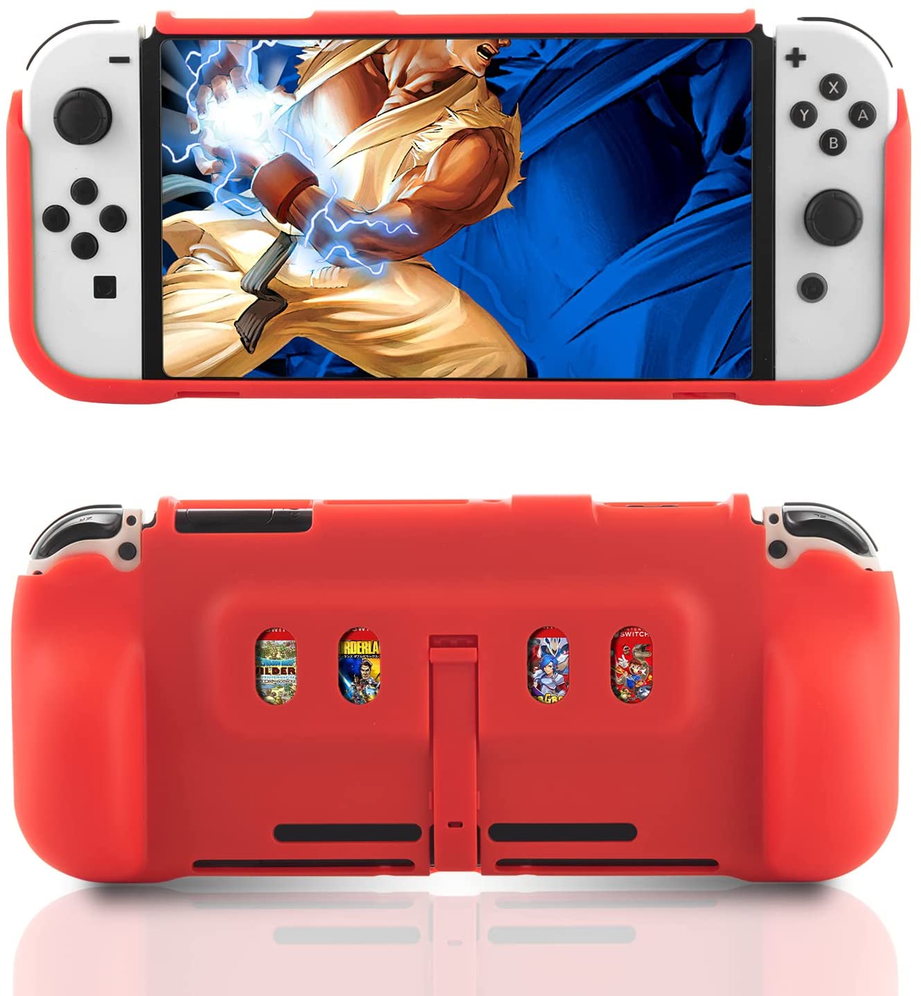 Switch OLED Protective Case,TPU Grip Cover Case for Switch OLED Console and Joy Con Controller with Game Card Storage and Kickstand - Blue - ECHZOVE
