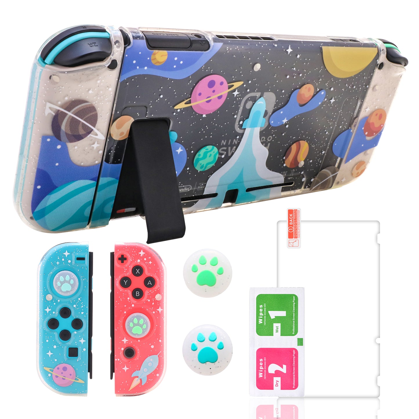 Switch Glitter Case, Switch Cute Case with Tempered Glass Screen Protector and Thumb Grip Caps - Rocket - ECHZOVE