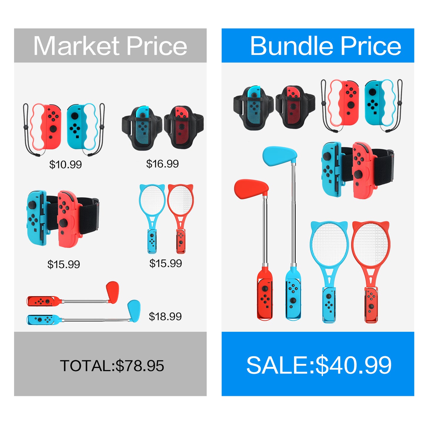 Nintendo Switch Sports Accessories, 10 in 1 Switch Sports Accessories Bundle 2022, Including Switch Leg Straps, Switch Wrist Bands, Switch Tennis Racket, Switch Boxing Grips, and Switch Golf Accessories - Blue and Red