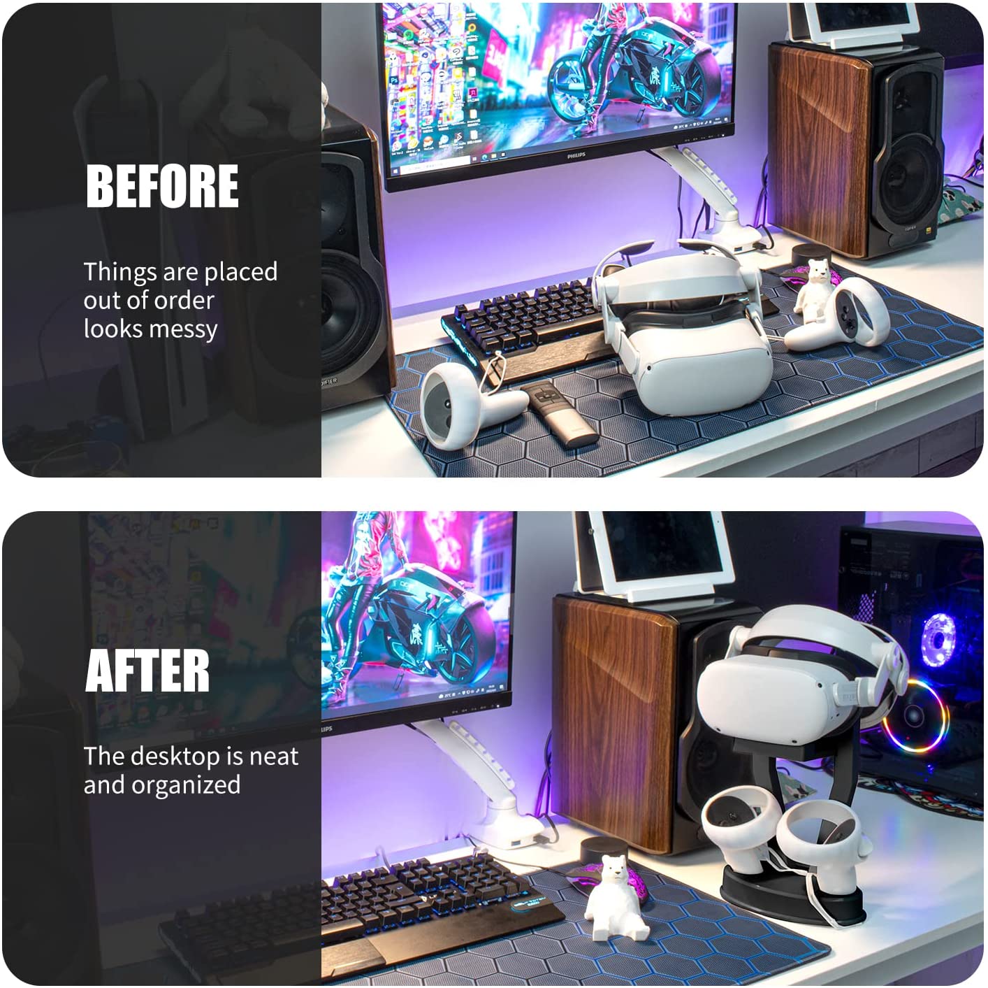 Oculus Quest 2 Holder, Headset Display Stand Compatible with Oculus Quest, Quest 2, Rift, Rift S Headset and Touch Controllers - Black