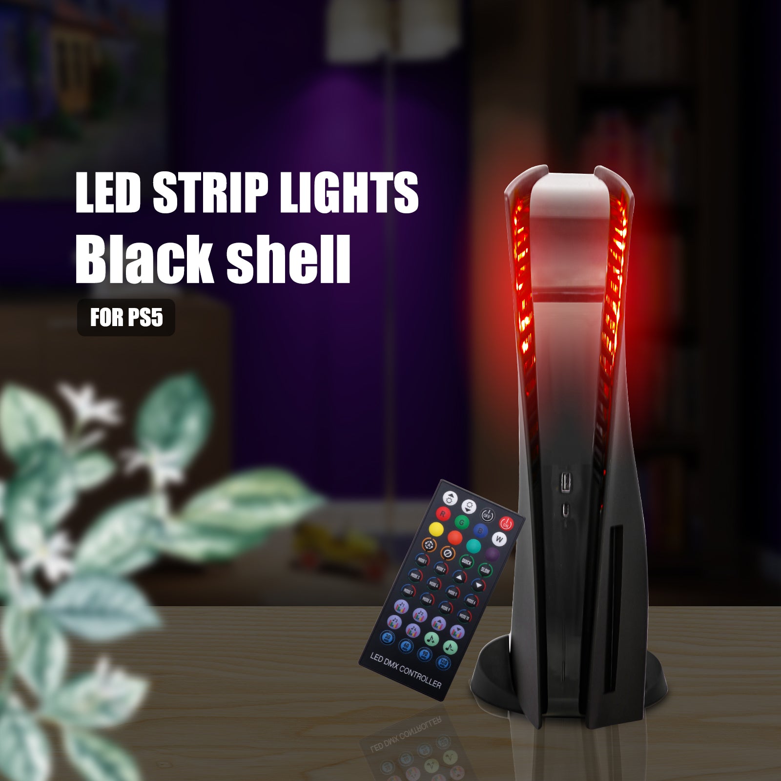 Playstation 5 Accessory Kits, PS5 Black Plates and PS5 LED Strip with 8 Colors and Remote Control - ECHZOVE