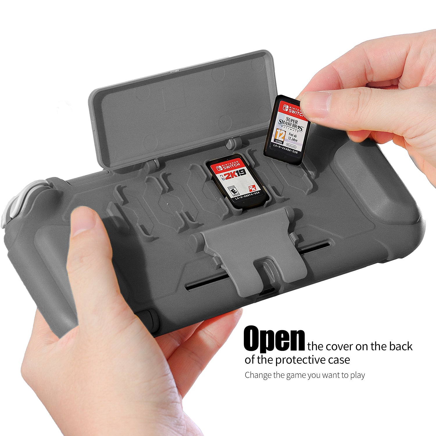 TPU Protective Case for Nintendo Switch lite, Cover Case for Nintendo Switch lite with Kickstand and 4 Game Card Slots - Gray - ECHZOVE